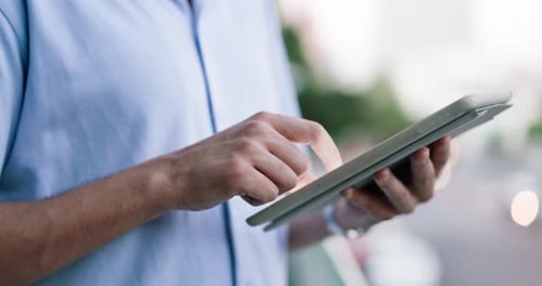 Hands, tablet and gps with a man in the city, online to search for directions to a location
