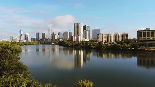 Aerial View of Austin Downtown, Texas USA. Colorado River Waterfront on Sunny Summer Day