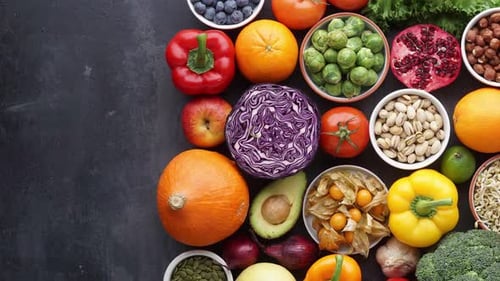 Overhead shot of colorful fruits and vegetables