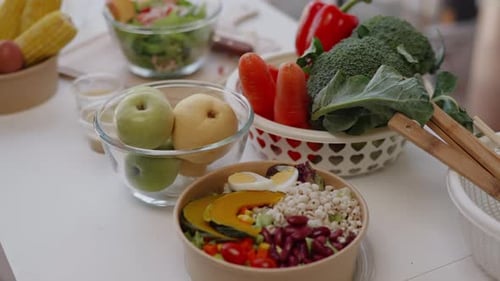 Fresh Colorful Vegetables and Fruits Displayed on Table