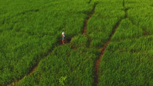 Drone circling around a Caucasian tourist, standing in a field of grass while travelling in Asia.