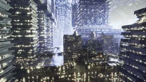Paisaje urbano vertical de unidades luminosas con terrazas y pasillos en la azotea