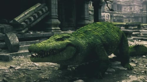 Motifs de mousse complexes sur d'anciens crocodiles et surfaces de temples