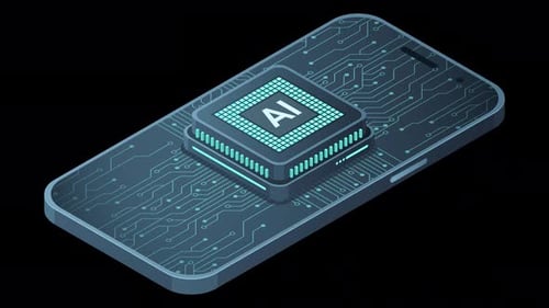 Isometrisches Smartphone mit KI-Animation. Künstliche Intelligenz und Smartphone-Konzept