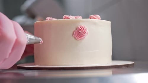 Close Up Decorating a Cake with Pink Frosting
