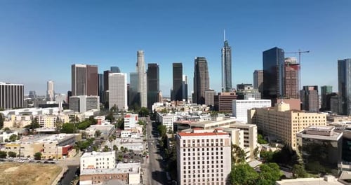 Aerial View of Los Angeles Downtown Fly Drone Skyscrapers Cityscape Los Angeles USA June 1 2022