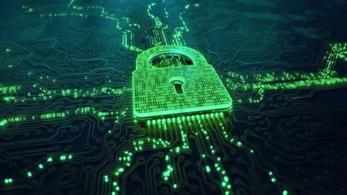 Digitales Sicherheitshologramm des virtuellen Schlosssymbols auf der Leiterplatte, Konzept des Finanzdatenschutzes und