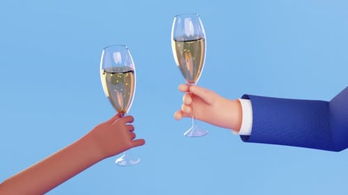 Mains tenant des coupes de champagne, animation de rendu 3D. Vin mousseux, pour porter un toast