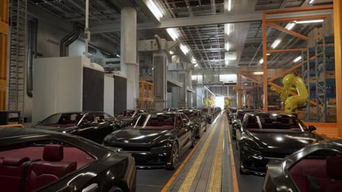 Intérieur d'une usine automobile. Carrosserie de couleur noire sur une chaîne de montage de voitures