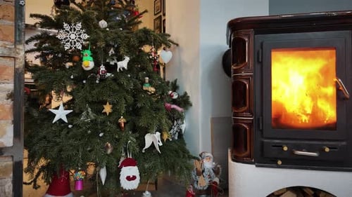 Festive Christmas Tree Beside Fireplace in Cozy Home