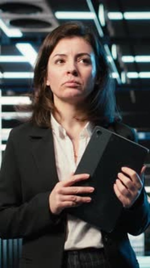 Vertical Video Optimizing Server Load VFX Compositing and Female Programmer in Data Center