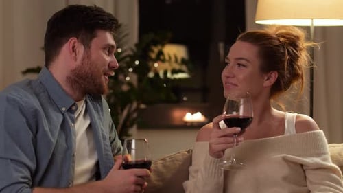 Smiling couple enjoying red wine at home together