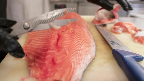 Gloved Cook Prepares Salmon Fillet with Sharp Knife