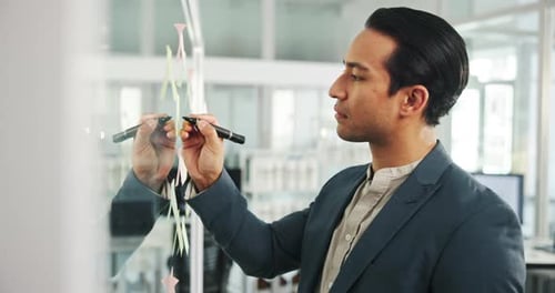 Office, businessman and writing with sticky note for planning, brainstorming and project solution