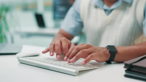 Man, hands and keyboard for web coding in office, typing and online for programming cpu