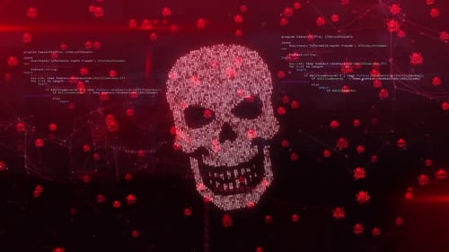 Digital Skull and Binary Code Glitch Effect Loop Background