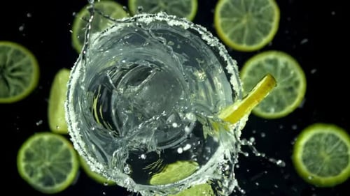 Ice Falls Into a Margarita Cocktail Filmed on a Highspeed Camera at 1000 Fps