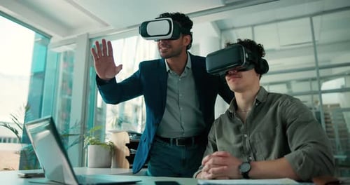 Men, vr glasses and talk with laptop in office, feedback or metaverse for architecture design