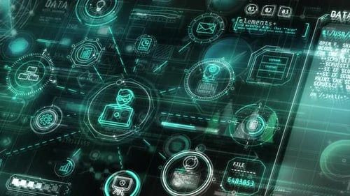 Futuristic Digital HUD Display with Data and Network Connections