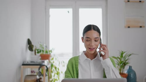 Happy Model Answering Smartphone Call Laptop Desk Closeup Woman Talking Phone