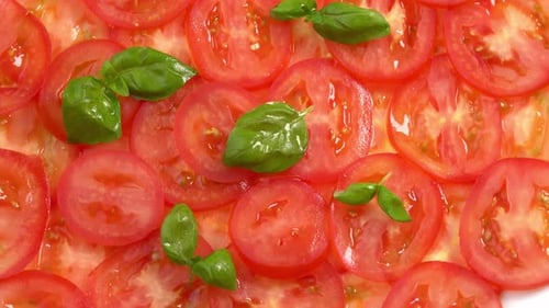 Tomatoes and Basil Overhead Food Close-up
