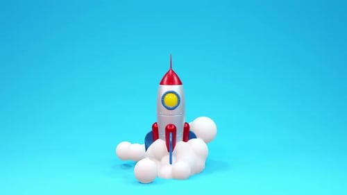 Kreatives Projekt für das 3D-Raketen-Startup. Cartoon-Raketenstart mit Rauchwolke