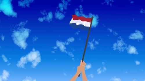 Cartoon Hands Waving National Flag in Blue Sky