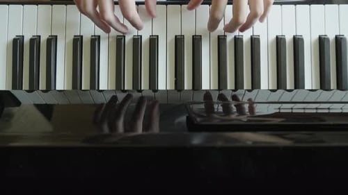 Close up pianist hands play the piano keys slow motion top view. Musician studying to play