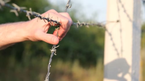 Hand Gripping Barbed Wire Fence in Rural Setting