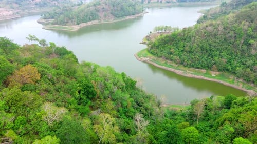 Drone footage of beautiful green lake with forest land