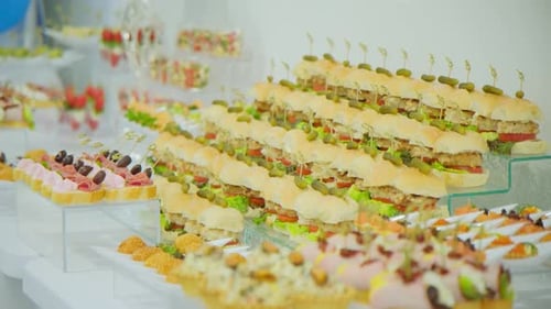 Banquet Table with Appetisers Catering in Restaurant Move Camera Footage