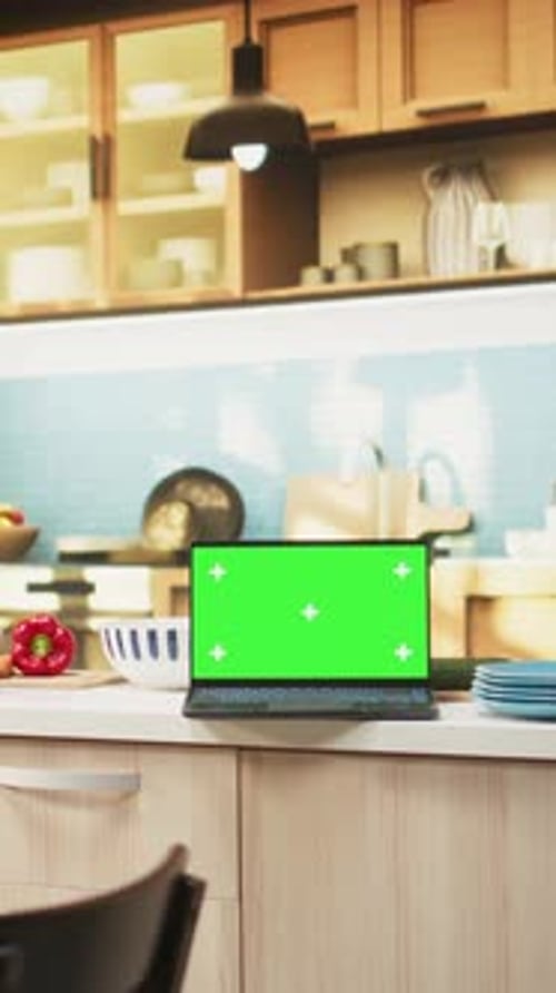 Vertical Video Chroma Key Display in Kitchen Interior with Minimalist Style Furniture