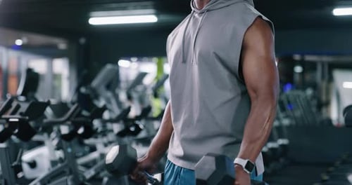 Man, arms or weightlifting with dumbbells in gym for bodybuilding exercise or training