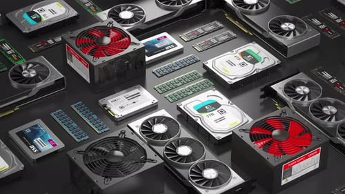 Animación 3D de componentes de hardware de PC en una fila