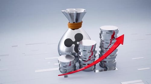 Cryptocurrency Money Bag and Stacking Coins with Growing Upward Arrow