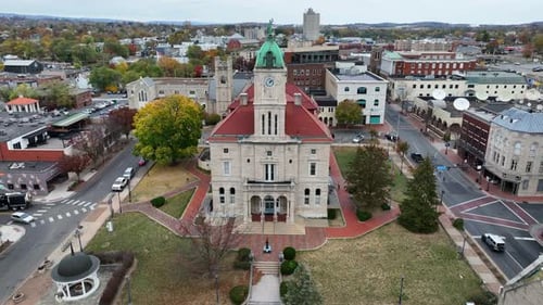 Downtown Harrisonburg, Virginia. Rockingham County Circuit Court and Clerk's office in autumn. Aeria