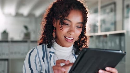 Tablet, research and scroll with business woman in office for publishing agency