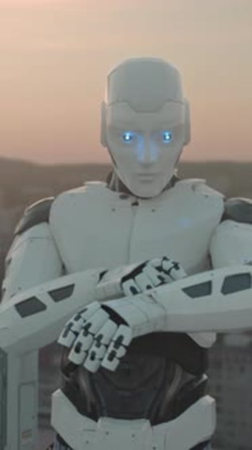 Un robot inspecte soigneusement un appareil de haute technologie Android exécute les diagnostics du système en toute confiance dans Cityscape