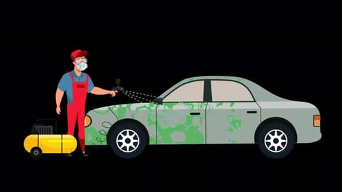 Car Paiting Service From Worker Change Color Blue Cartoon Alpha Channel 4K