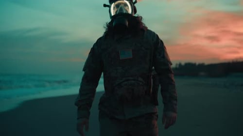 Soldier Walks Near Polluted Ocean Wearing Gas Mask During Memorial Day