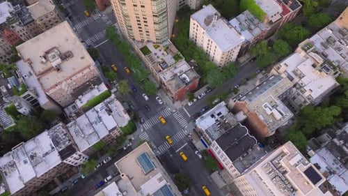 Aerial Overhead New York City Street with Crossroad Top Down Buildings Rooftops