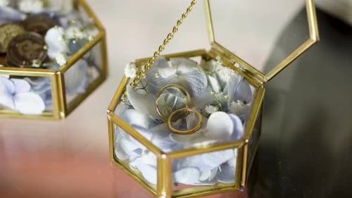 Close-up of a golden box with two wedding rings inside. The rings are placed on blue flower petals.