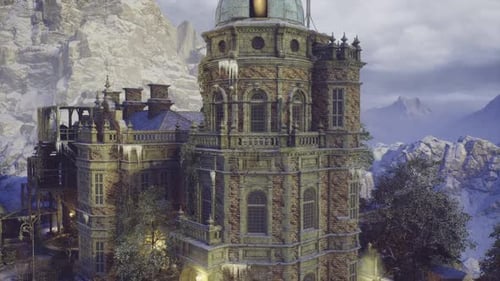 Majestätisches Winterschloss, umgeben von schneebedeckten Bergen und Bäumen