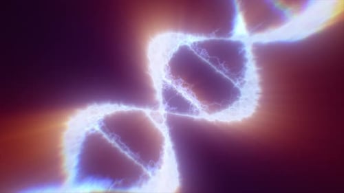 A close-up of a glowing DNA helix in a scientific, futuristic representation with energy