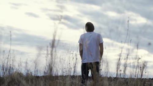 Man Stands in Golden Field Under Cloudy Sky