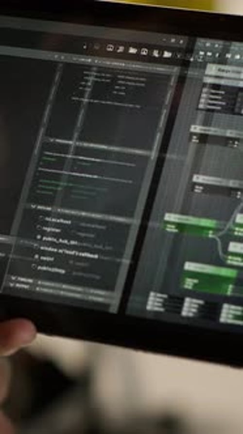 Vertical Video Close Up of Admin in Office Sing Tablet to Design Machine Learning Algorithms