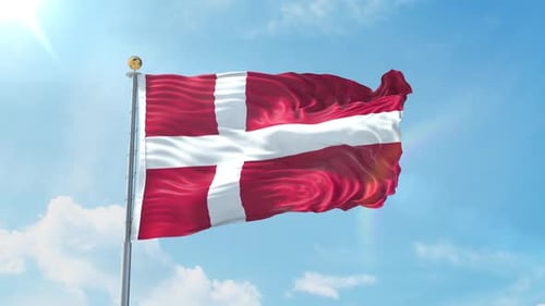 Realistic Danish Flag Waving in Wind Against Bright Blue Sky