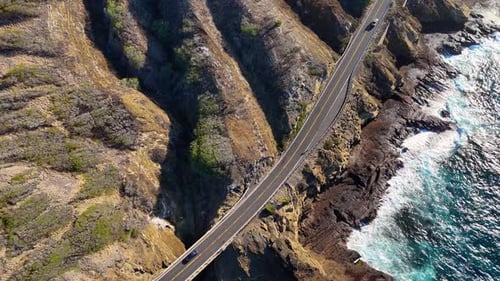 Aerial view of coastal road with cars, United States.