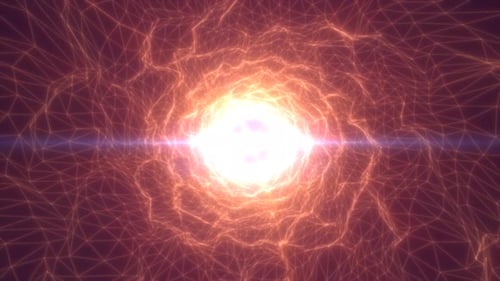 Abstract golden energy core surrounded by glowing mesh network, creating a tunnel