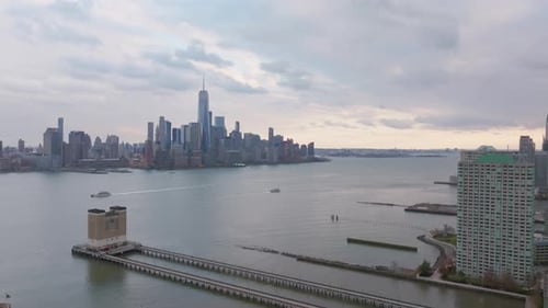 Panning Aerial View Reveals the Impressive New York City Skyline From a Vantage Point in Jersey City